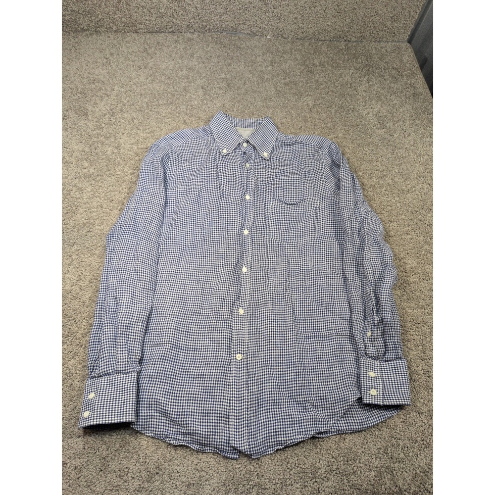 Brunello Cucinelli Mens Blue Gingham 100% Linen Button Down Shirt Basic Fit S